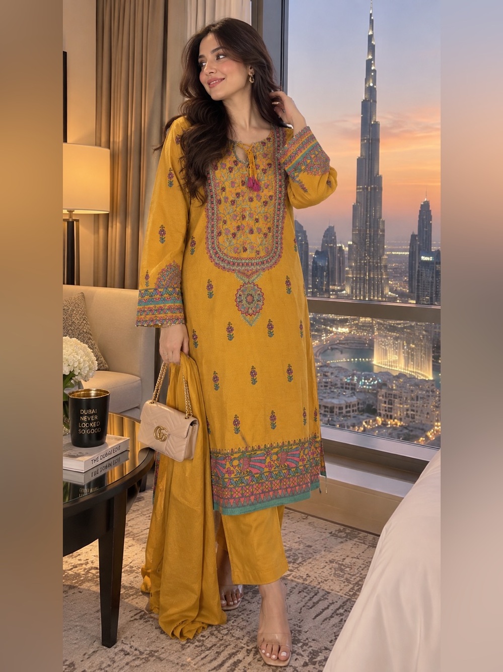 Sapphire Mustard Embroidered Women’s Kurta Dress with palazzo trouser Duppata no